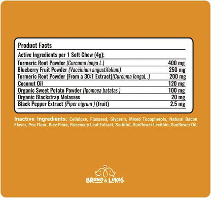 Bruno & Lukas Turmeric & Multivitamin Chews for Dogs – 10-in-1 Supplement with Glucosamine, Curcumin, Omega Fish Oil & Antioxidants – Joint, Immune, Digestive, Skin & Coat Support (90 Chews)