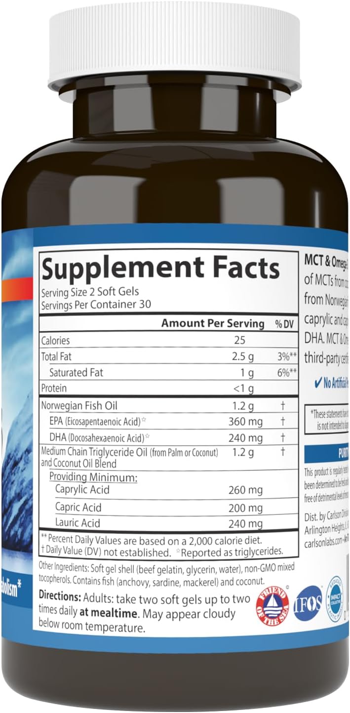 Carlson MCT & Omega-3 - Coconut Oil, Caprylic & Capric Acids, EPA & DHA, 60 Softgels - görsel 2