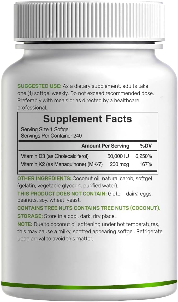 DEAL SUPPLEMENT Vitamin D3 50,000 IU + K2 MK7 200mcg Soft gel capsule Capsules, 240 Count - görsel 7