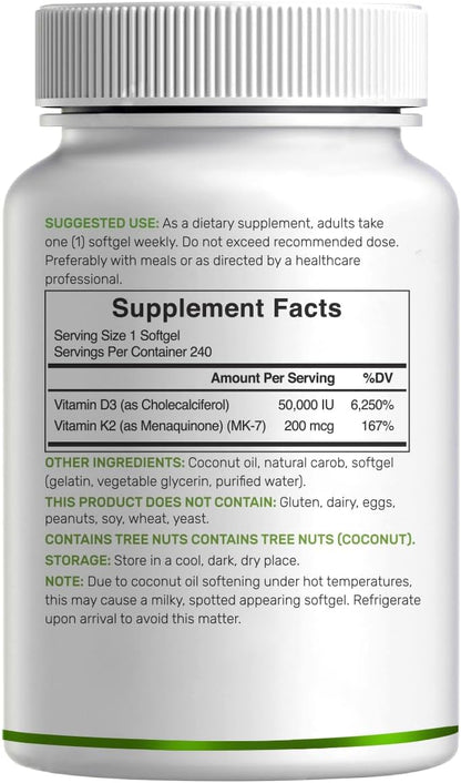 DEAL SUPPLEMENT Vitamin D3 50,000 IU + K2 MK7 200mcg Soft gel capsule Capsules, 240 Count