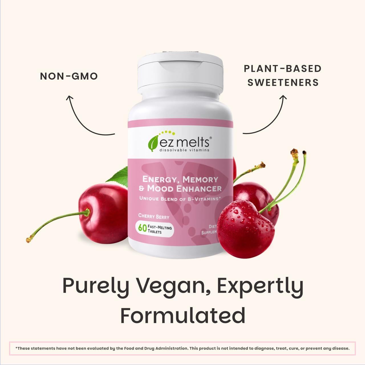 EZ Melts Energy, Memory & Mood Enhancer - B Vitamins Supplement with Vitamin B12, B6, Folic Acid & Biotin - Non-GMO & Vegan - Cherry Berry - 60 Dissolvable Tablets - görsel 6