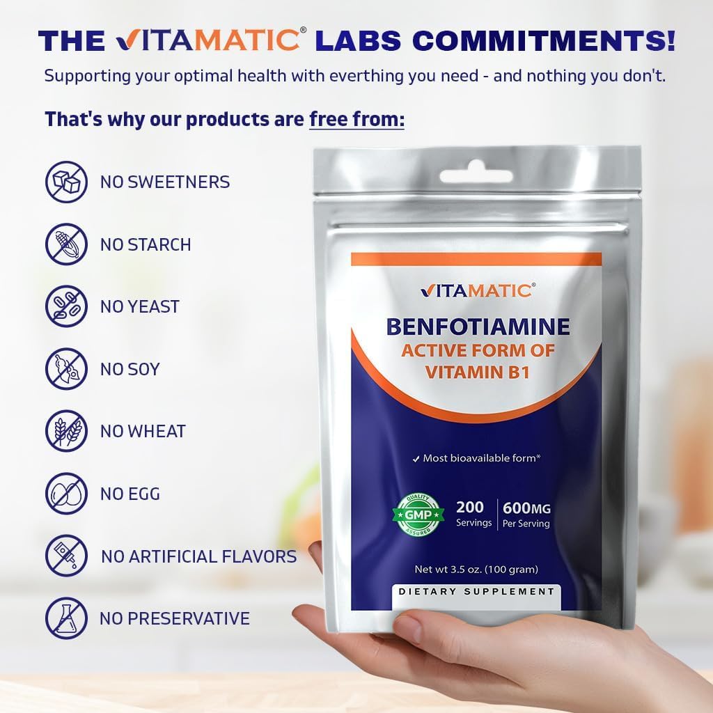 Vitamatic Benfotiamine Pure Powder – Fat Soluble Vitamin B1, 600 mg per Serving, 100 g - görsel 6