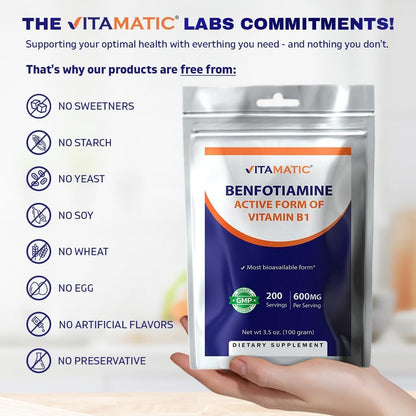 Vitamatic Benfotiamine Pure Powder – Fat Soluble Vitamin B1, 600 mg per Serving, 100 g