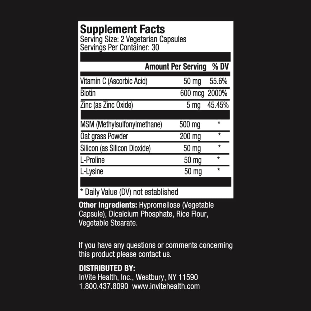 Invite Health Hair, Skin & Nails Supplement – Supports Health and Growth of Hair, Skin and Nails – Contains Vitamin C, Biotin, Zinc, MSM, Silica, Lysine, Proline, Oatgrass – 60 Vegetarian Capsules - görsel 2