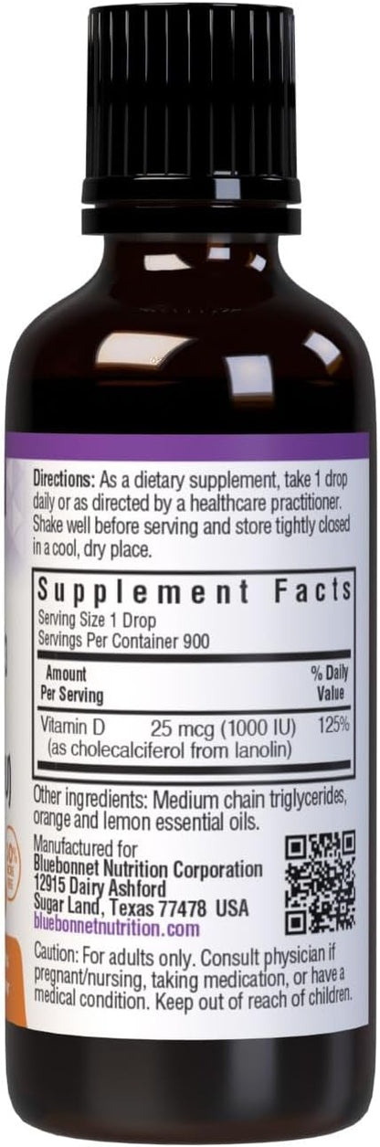 BlueBonnet Vitamin D3 1000 IU 25mcg Liquid Drops – Supports Normal Bones & Immune Function – Non-GM, Vegetarian, Citrus Flavour – 30 ml