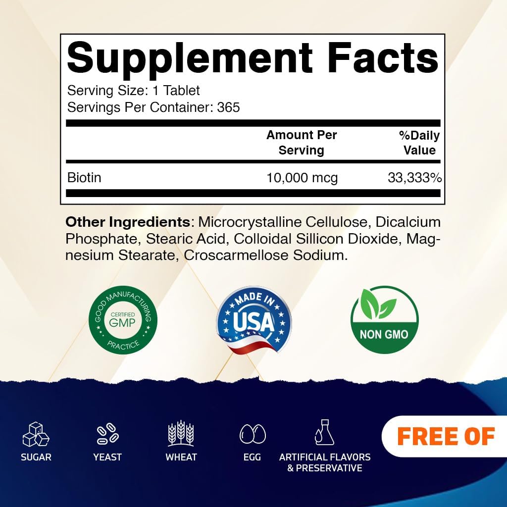 Vitamatic Biotin 10,000 mcg (10 mg) - 365 Vegan Tablets for Hair, Skin and Nails - görsel 2