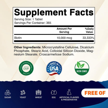 Vitamatic Biotin 10,000 mcg (10 mg) - 365 Vegan Tablets for Hair, Skin and Nails