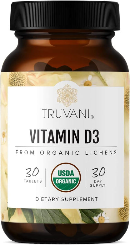 Truvani Organic Vitamin D3 - Plant-Based, USDA Organic, Gluten-Free, Non-GMO, Vegan D3 Supplement - Supports Normal Bone, Immune & Muscle Function - 30 Tablets