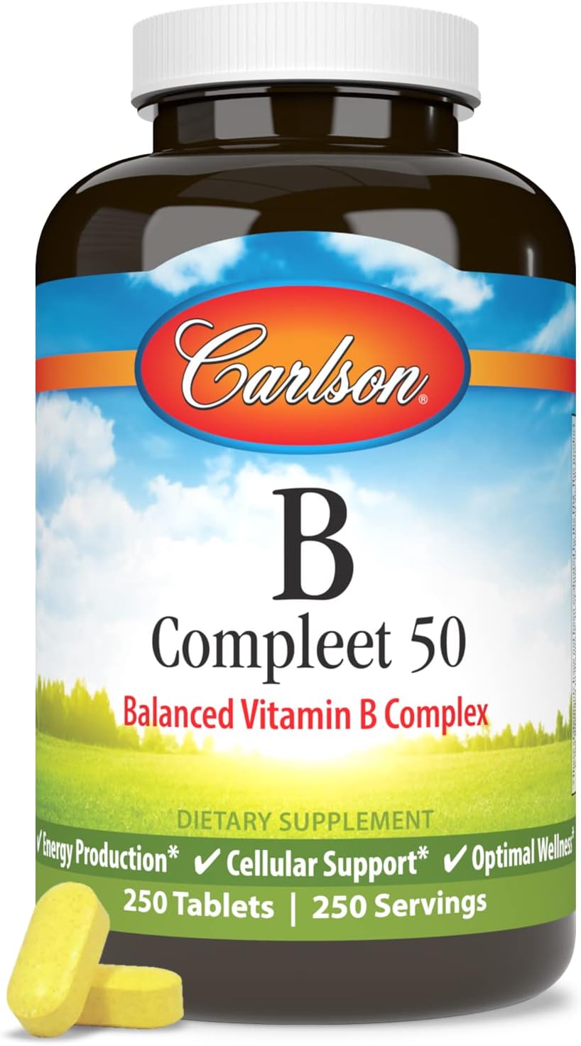 Carlson - B Compleet 50, Balanced Vitamin B Complex, Energy Production, Cellular Support & Optimal Wellness, 250 Tablets - görsel 5