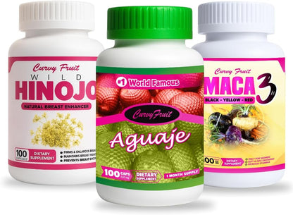 Bigger Bum, Bust & Hips – Aguaje + Maca 3 + Wild Hinojo Capsules – Natural Curve Shaping Supplement – 3 Bottles / One Month Supply