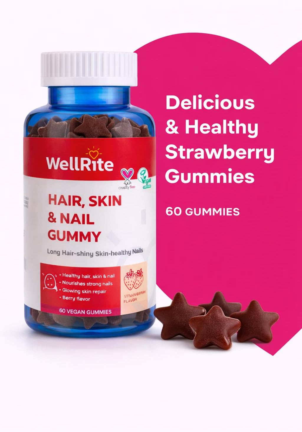 Wellrite Hair, Skin & Nail Gummy Vitamins - Strawberry Flavoured - 60 Count - Vegan & Gluten-free - görsel 4