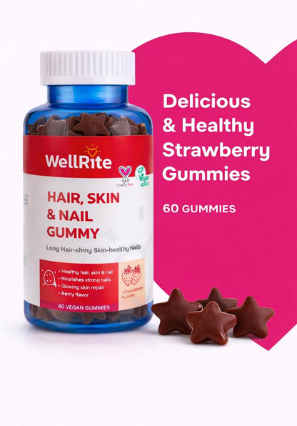 Wellrite Hair, Skin & Nail Gummy Vitamins - Strawberry Flavoured - 60 Count - Vegan & Gluten-free