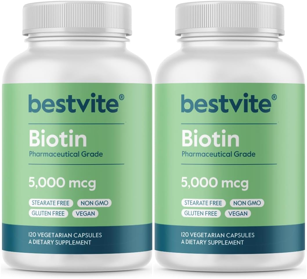 BESTVITE Biotin 5000mcg – 240 Vegetarian Capsules – Vegan, Non-GMO, Gluten-Free – Hair, Skin and Nails Support - görsel 1