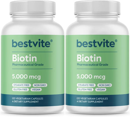 BESTVITE Biotin 5000mcg – 240 Vegetarian Capsules – Vegan, Non-GMO, Gluten-Free – Hair, Skin and Nails Support