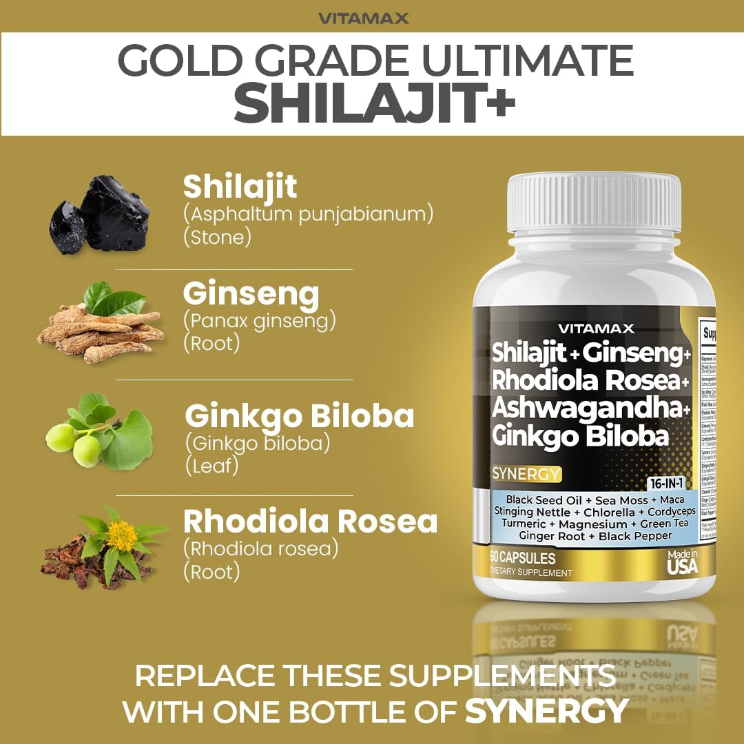 Vitamax Pure Himalayan Shilajit Supplement with Sea Moss, Ashwagandha, Bladderwrack, Ginkgo Biloba, Organic Capsules – Non-GMO, Vegan – Men and Women – Made in USA - görsel 2