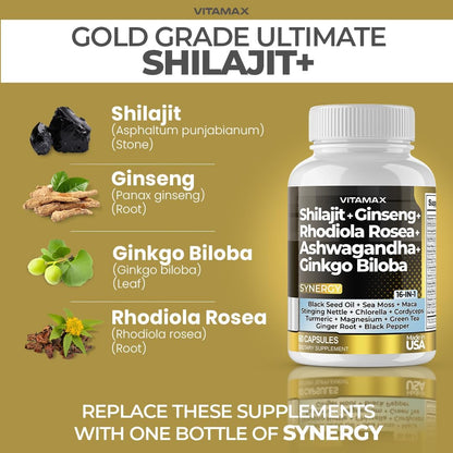 Vitamax Pure Himalayan Shilajit Supplement with Sea Moss, Ashwagandha, Bladderwrack, Ginkgo Biloba, Organic Capsules – Non-GMO, Vegan – Men and Women – Made in USA