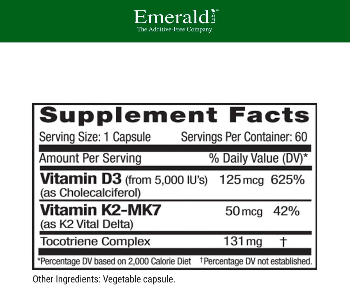 EMERALD LABS Vitamin D3+K2 - 5000 IU with VitalDelta MK-7 for Bone and Heart Support, 60 Vegetable Capsules - görsel 2