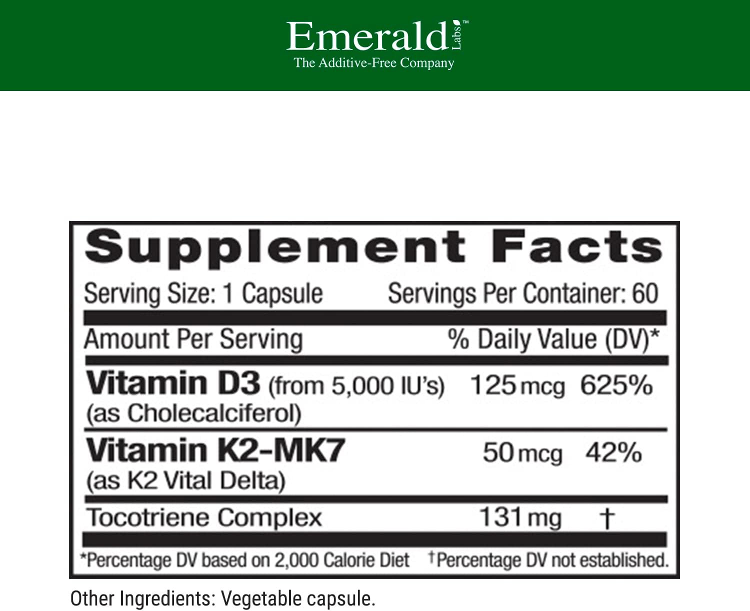 EMERALD LABS Vitamin D3+K2 - 5000 IU with VitalDelta MK-7 for Bone and Heart Support, 60 Vegetable Capsules - görsel 2