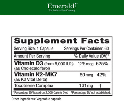EMERALD LABS Vitamin D3+K2 - 5000 IU with VitalDelta MK-7 for Bone and Heart Support, 60 Vegetable Capsules