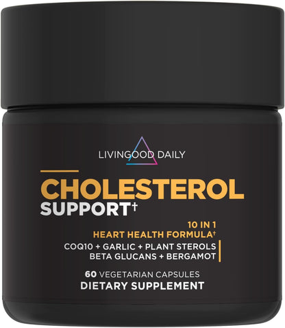 Livingood Daily Cholesterol Support Supplement - Heart Health with Garlic, CoQ10, Vitamin E, Bergamot, Plant Sterols - 60 Capsules