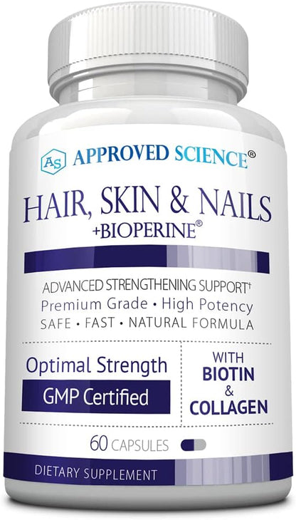 Approved Science Hair, Skin and Nails - Food Supplement - Biotin, Collagen, Vitamin B Complex, Silica, BioPerine - 180 Capsules - 3 Month Supply