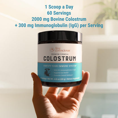 Live Conscious Colostrum Powder: Grass-Fed Bovine Colostrum with Lactoferrin for Immune and Gut Support