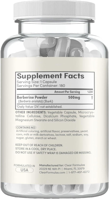 Clear Formulae Berberine Supplement 500mg | Vegan, Non-GMO & Gluten-free (6-Month Supply)