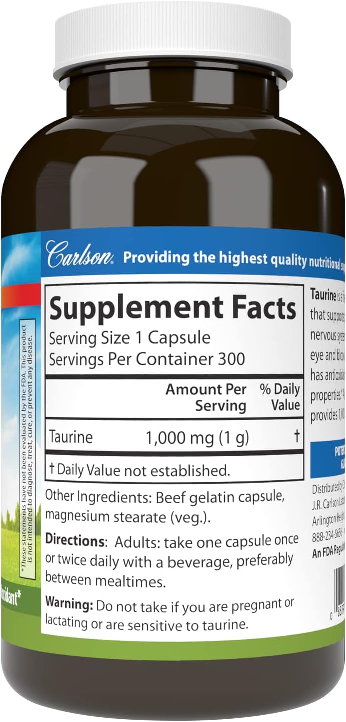 Carlson Taurine, Free-Form Amino Acid, Support for Nerve and Muscle Function, 300 Capsules - görsel 2