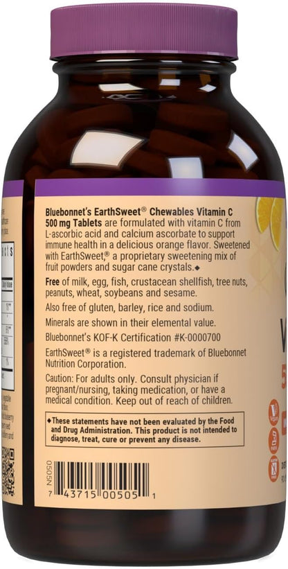 Bluebonnet EarthSweet Vitamin C 500 mg Chewable Tablets, Orange – 90 Chewable Tablets