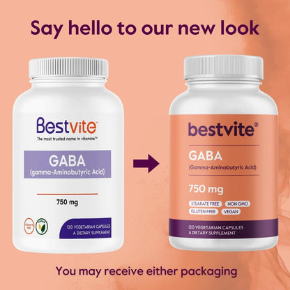 BESTVITE GABA 750mg, 120 Vegetarian Capsules - No Stearates, No Fillers, Vegan, Gluten-free