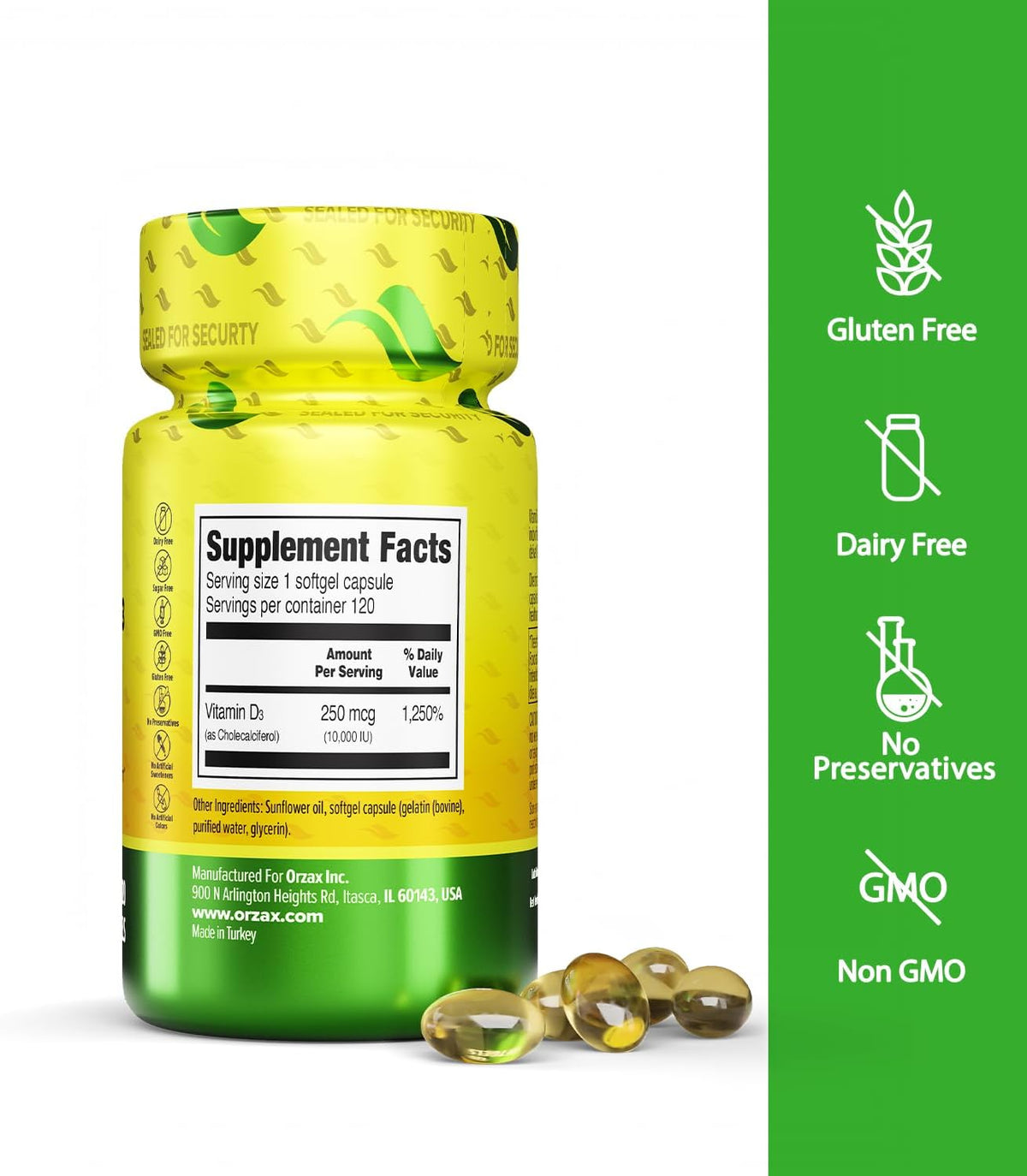 ORZAX Vitamin D3 10000 iu (250 mcg) – Non-GMO, Gluten-free, Sugar Free, Dairy-free – 120-Day Supply for Strong Muscle Function & Immune Support – Mood Supplement for Wellness (120 Soft gel capsule) - görsel 2