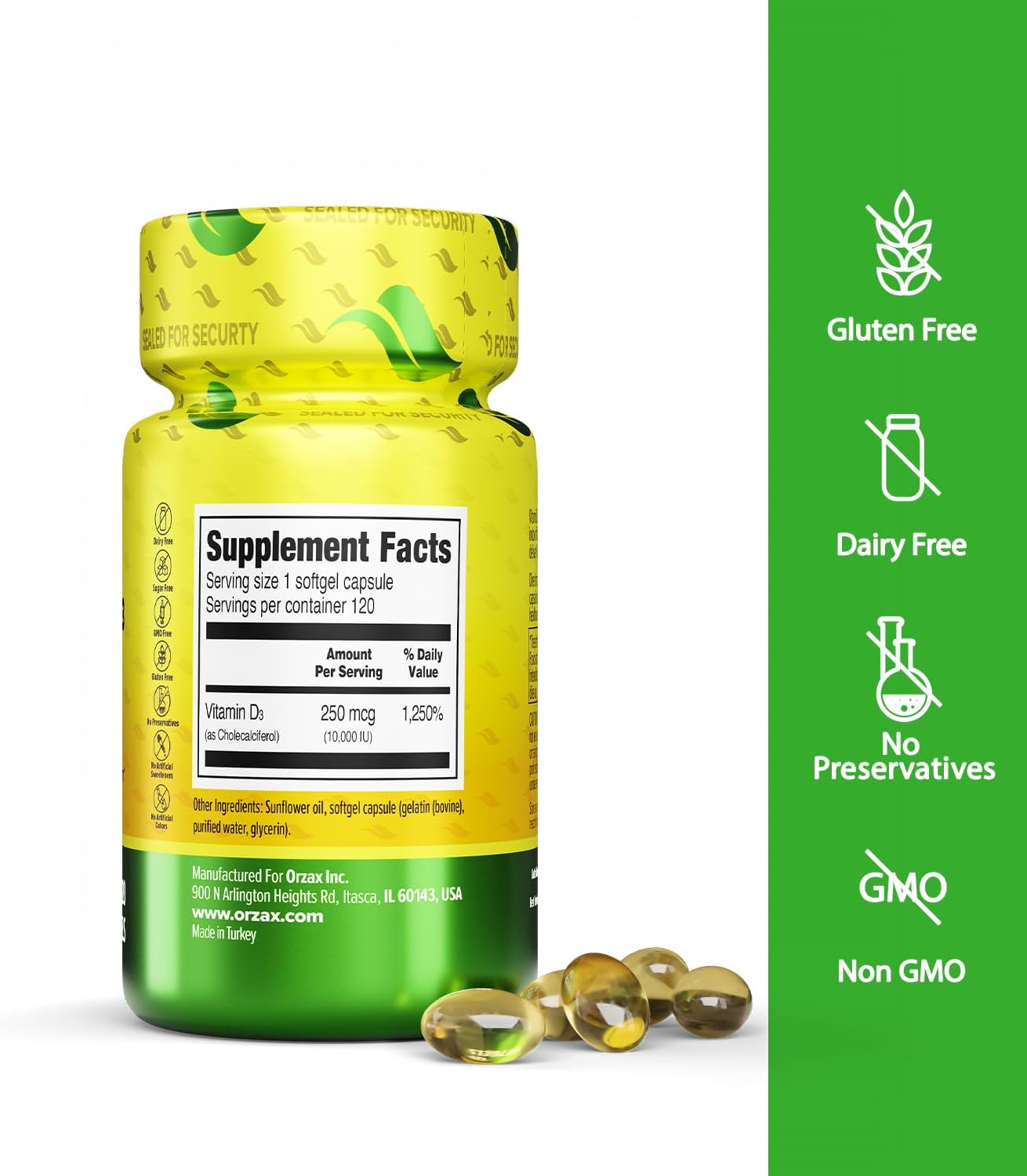 ORZAX Vitamin D3 10000 iu (250 mcg) – Non-GMO, Gluten-free, Sugar Free, Dairy-free – 120-Day Supply for Strong Muscle Function & Immune Support – Mood Supplement for Wellness (120 Soft gel capsule) - görsel 2
