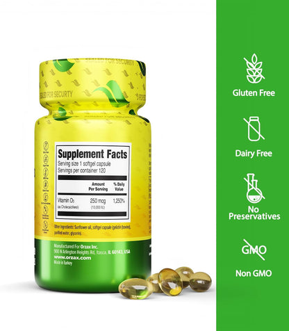 ORZAX Vitamin D3 10000 iu (250 mcg) – Non-GMO, Gluten-free, Sugar Free, Dairy-free – 120-Day Supply for Strong Muscle Function & Immune Support – Mood Supplement for Wellness (120 Soft gel capsule)