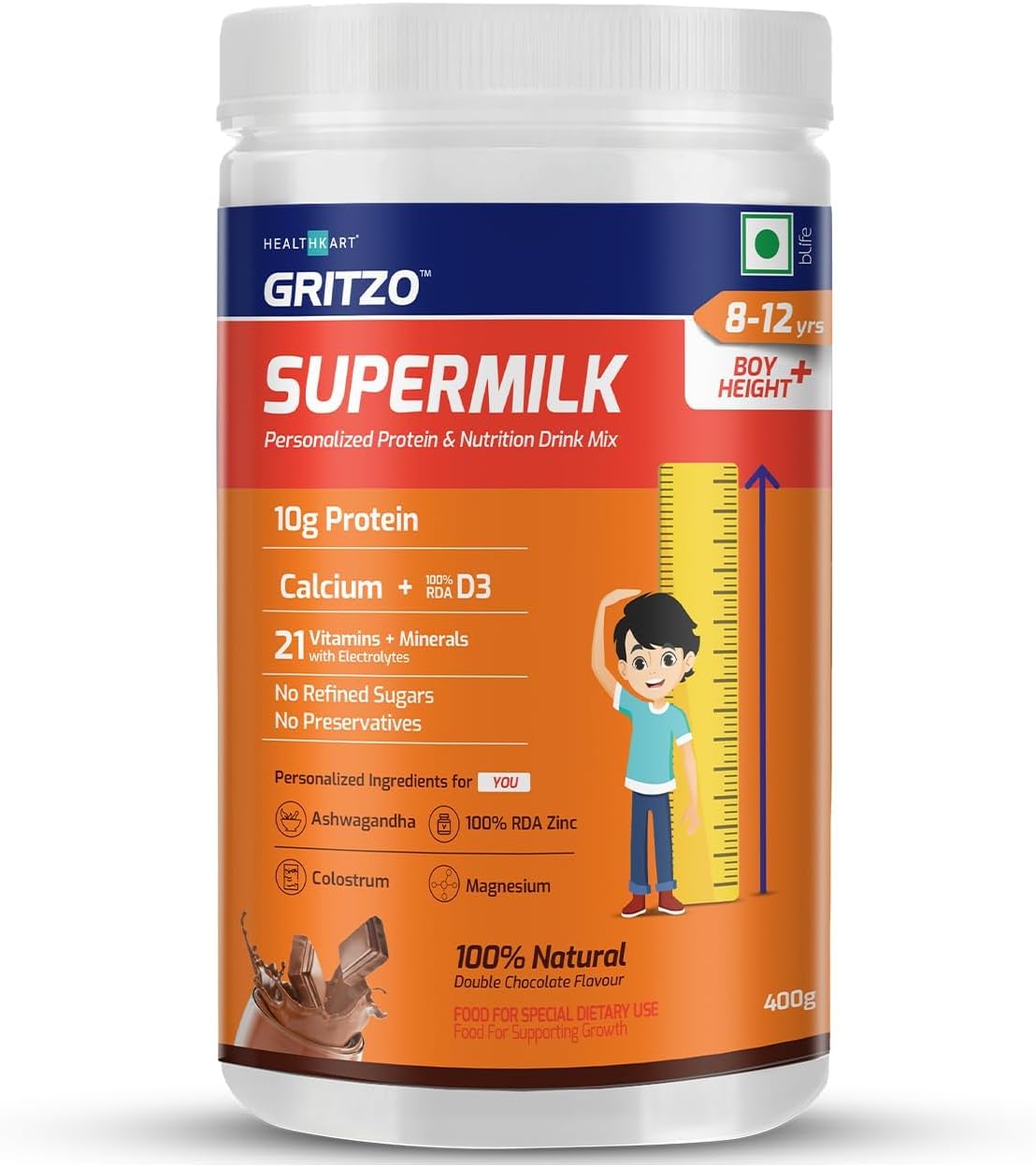 ATS Supermilk Height+ for 8-12 Year Old Boys – High Protein with Calcium & D3, 21 Vitamins & Minerals, Zero Refined Sugar, Natural Double Chocolate, 400g Powder - görsel 1