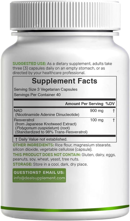 NAD+ Resveratrol Supplement 1,000mg Per Serving, 120 Vegetable Capsules
