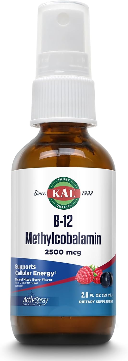 KAL Vitamin B12 Methylcobalamin ActivSpray 2500mcg, Supports Normal Energy-Yielding Metabolism, Nerve & Red Blood Cell Health, Fast-Acting Liquid B12, Maximum Absorption, Natural Berry Flavour, 80 Servings, 59ml - görsel 1