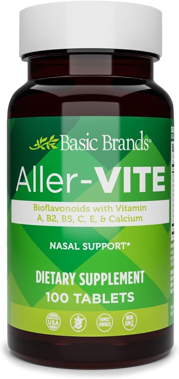 Basic Brands Aller Vite Nasal Support Tablets – High Bioflavonoid Complex with Vitamins and Calcium, Gluten-Free, 100 Tablets - görsel 1