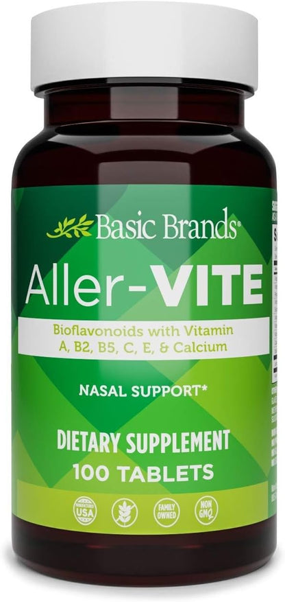Basic Brands Aller Vite Nasal Support Tablets – High Bioflavonoid Complex with Vitamins and Calcium, Gluten-Free, 100 Tablets