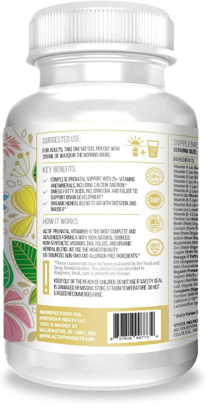 ACTIF Organic Prenatal Vitamin with 30+ Organic Vitamins, 100% Natural, DHA, EPA, Omega-3, and Organic Herbal Blend - Non-GM, 90 Capsules, 2024 Formula