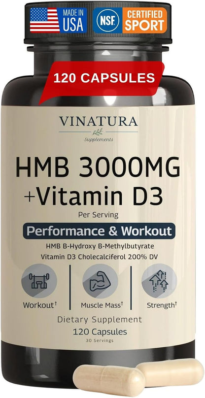 VINATURA HMB 3000mg + Vitamin D3 Food Supplement – NSF Certified for Sport – 120 Capsules