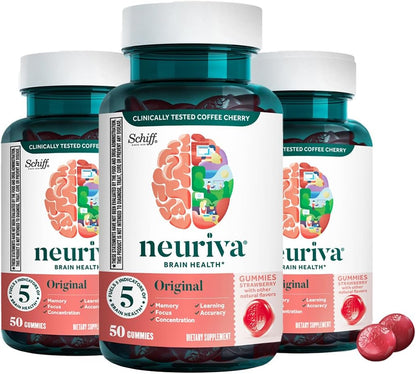 NEURIVA Original Brain Supplement Gummies for Memory, Focus & Concentration, Strawberry, 100 Count (2 Pack)