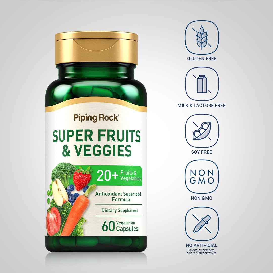 Piping Rock Fruits and Veggies Food Supplement | 60 Capsules | Superfood Vitamins | with Antioxidant Formula and Prebiotic Blend | Vegan, Non-GMO, Gluten-Free - görsel 3