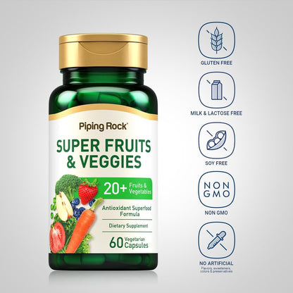 Piping Rock Fruits and Veggies Food Supplement | 60 Capsules | Superfood Vitamins | with Antioxidant Formula and Prebiotic Blend | Vegan, Non-GMO, Gluten-Free