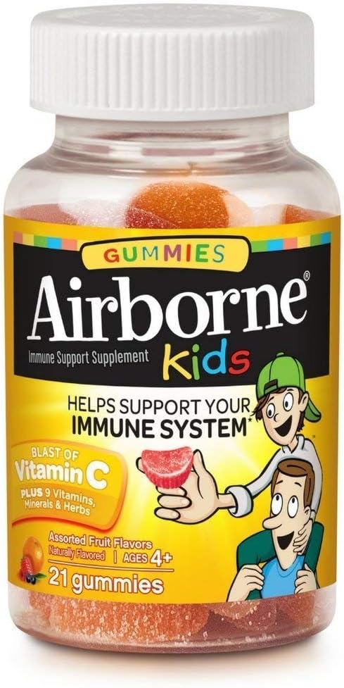 Airborne Kids Assorted Fruit Flavoured Gummies - Immune Support with Vitamin C & Herbs (21 Count, Pack of 6)