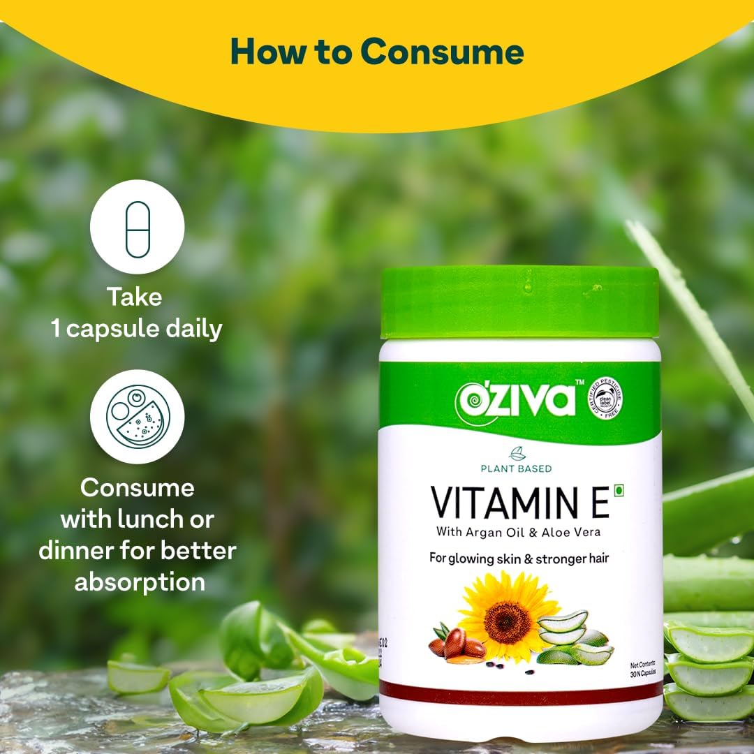 OZiva Plant-Based Vitamin E + Aloe Vera + Argan Oil for Glowing Skin and Stronger Hair, 30 Vegan Capsules - görsel 6