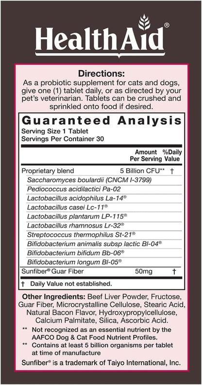 HealthAid PetProbio 5 Billion CFU Probiotic for Cats & Dogs – 10-Strain Once-Daily Digestive Support – Natural Beef, Liver & Bacon Flavour – Non-GMO, Gluten-Free
