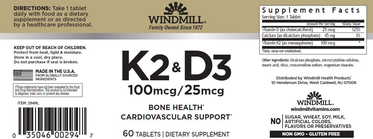 Windmill Natural Vitamins Vitamin K (K-2 Menaquinone-7, 100mcg) with Vitamin D3 1000 IU, 60 Tablets (Pack of 2) - görsel 1