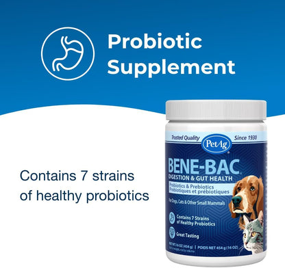 PetAg Bene-Bac - 454 g Powder - Probiotics for Dogs, Cats, Exotic & Wildlife Mammals