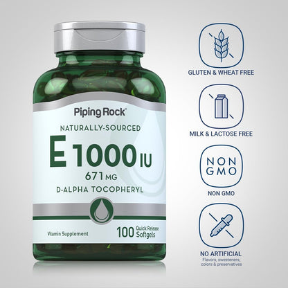 Piping Rock Vitamin E 1000 IU Soft gel capsule Capsules | 671mg | 100 Pills | D-Alpha Tocopheryl Supplement | Non-GMO, Gluten-free
