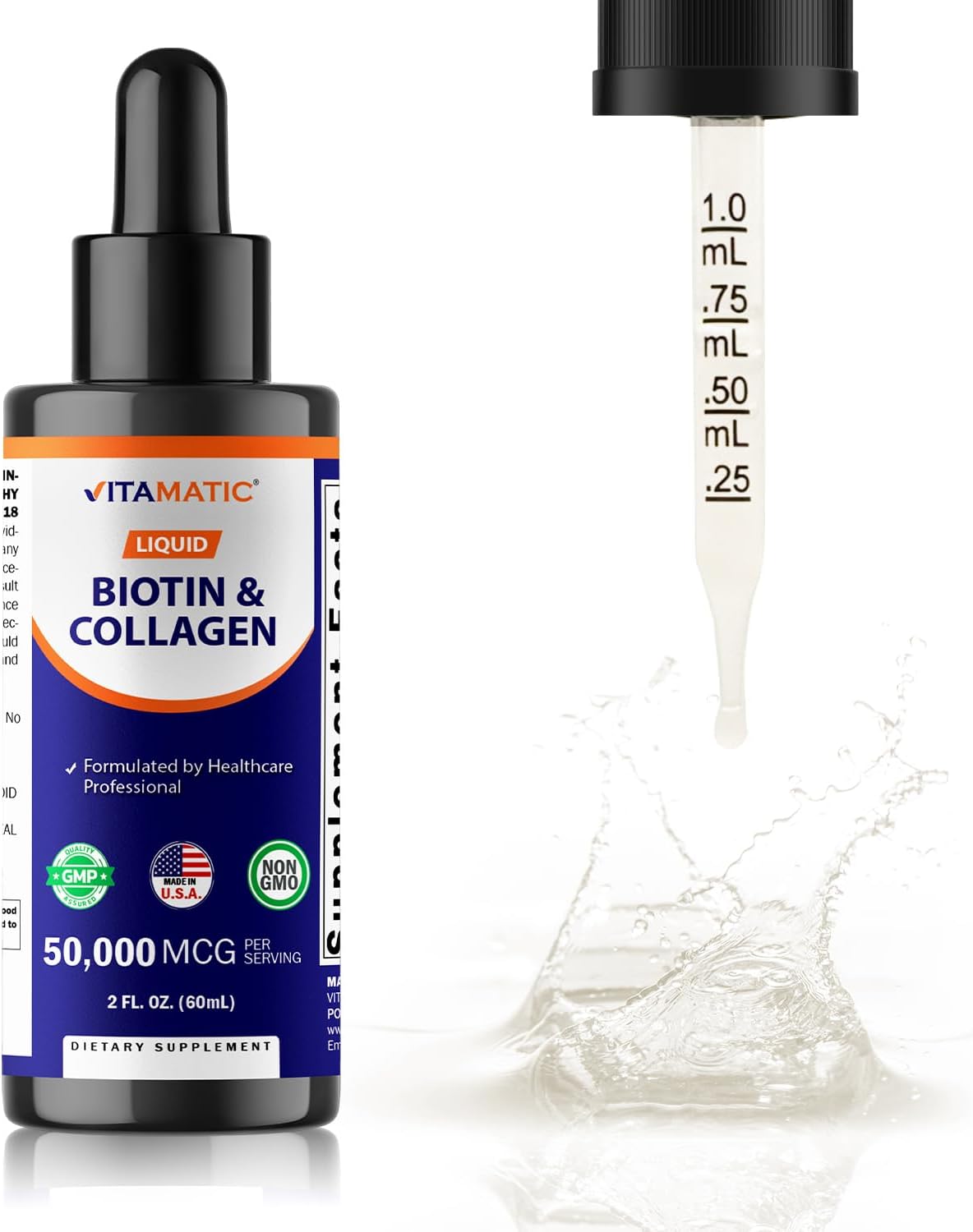 Vitamatic Liquid Biotin & Collagen Drops – 50,000 mcg – 60 ml – Supports Normal Hair, Skin & Nails – for Women and Men - görsel 1